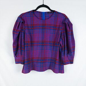 Zara Plaid Blouse Womens XL Puff Sleeve Grunge Punk Office